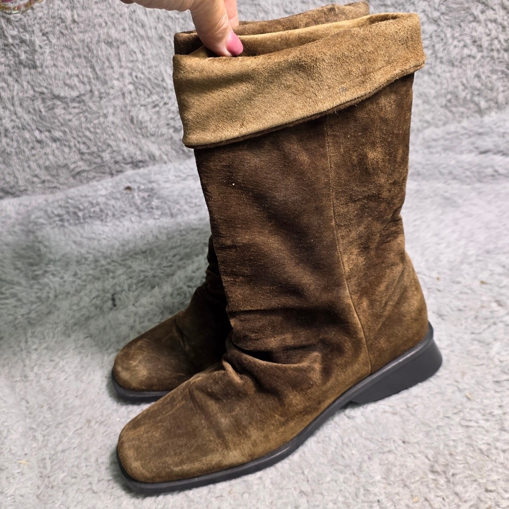 VTG Markon Leather Boots Brown Suede Slouchy Mid Calf Wedge‎ Womens 7 Excellent